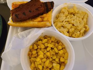 Ribz with spicy corn and mac n cheese sides at Smokee Mo's St Louis BBQ in St Louis