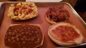 BBQ jackfruit sandwich, baked beans, vegan mac and cheese at Smokee Mo's St Louis BBQ in St Louis