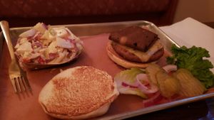 Bacon and cheese Notaburger, potato salad. at Smokee Mo's St Louis BBQ in St Louis