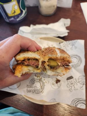 Impossible pattie, vegan cheese, pickles and burger sauce at Balls and Bangles in Queenstown