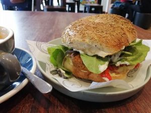 Falafel on rosemary bagel at Balls and Bangles in Queenstown