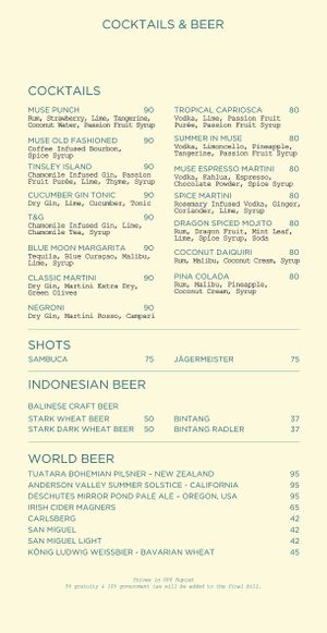 Muse Menu: Cocktails, Beer at Muse Cafe & Art in Ubud