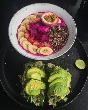 Dragonfruit Bowl, Miso Mushroom on Toast at Muse Cafe & Art in Ubud