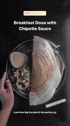 Dosa: Choice of Vegan fillings - Pumpkin Spinach, Jackfruit Red Bean, Falafel Hummus Avocado, Spicy Potato.  Served with Lentil Daal Dish at Muse Cafe & Art in Ubud