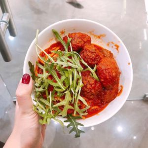 Omnipork meatball tomato pasta at Boufe in Central Singapore