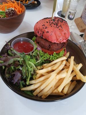 Pink impossible Burger at Boufe in Central Singapore