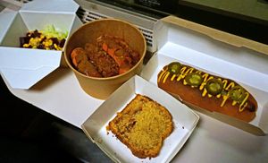 Currywurst + Hot Dog + Pound cake + Salad at Not Dog in Nice