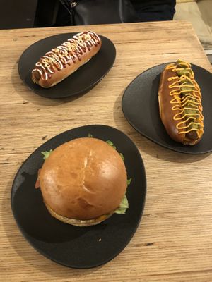 Maple Joe, sloppy J, and burger. The Sloppy J is probably the best vegan chili dog I have ever had    at Not Dog in Nice