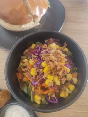 Lovely crunchy salad, yummy dressing at Not Dog in Nice