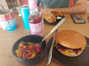 Chicken burger and maple hot dog at Not Dog in Nice