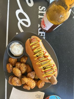 Original hotdog with potatoes and a beer  at Not Dog in Nice