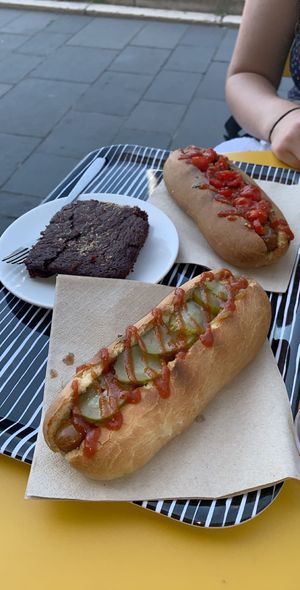 Original hot dog (front), Vegan mozzarella and pesto hot dog (back) and  brownie  at Not Dog in Nice