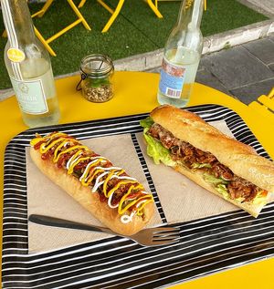Bacon hot dog and jackfruit baguette at Not Dog in Nice