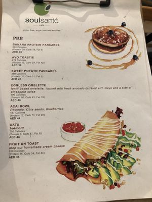 First page of the menu at Soul Sante in Dubai