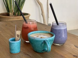 Double Cappuccino, Summertime Sadness juice, Breakfast Berry Bomb Smoothie (or something linke that)   at Green Kukunari in Crete