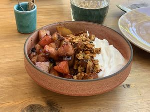 Crumble with caramelised fruits and Greek Coconut-Joghurt  at Green Kukunari in Crete