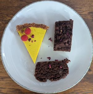 lemon tart, brownie, and banana bread at Green Kukunari in Crete