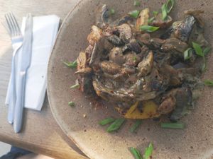 Crispy polenta with mushrooms and sauce at Green Kukunari in Crete