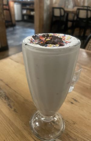 Vegan milkshake with cookies & rainbow sprinkles!  at Bareburger in Mount Kisco