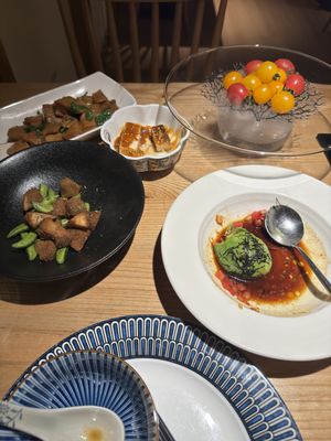 Bamboo, Grilled Mushrooms & Fried Green Beans, Marinaded Tofu, Avocado Salad  at Qīng Chún 庆春食堂 - Qingchun E Rd in Hangzhou