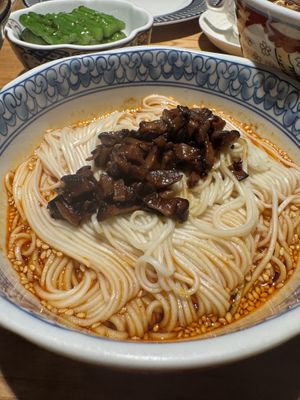 Dan Dan Noodles 担担面. Most expensive thing we ordered at 32 RMB. Good but wish it had more sesame / peanut flavor   at Qīng Chún 庆春食堂 - Qingchun E Rd in Hangzhou