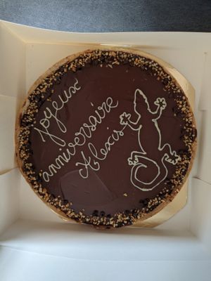 Peanut chocolate pie - with personalised Birthday message :D at Menthe Chocolat in Toulon