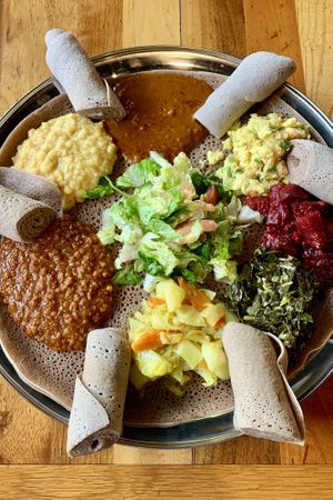Veggie combo platter  at Enat Kitchen in Portland