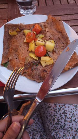 Zucchini, bechamel pesto  sauce, potatoe(I ate the corner sorry) at Crêperie Rouge Délice in Grenoble