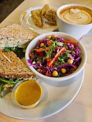 Chickpea Sunflower sandwich, Thai Peanut side bowl, Vegan Apricot/White Chocolate scone, Gingerbread Mocha Oat Milk latte #Veganuary at Uptown Cafe in Valparaiso