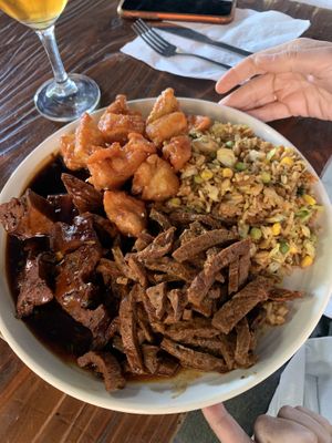Seitan salteado. Ginger seitan. Orange potatoe. Fried rice   at Holy Bao in Santiago