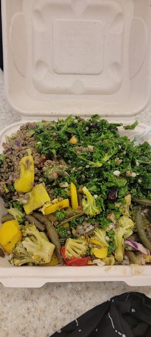 Brown rice, steamed veggies, kale salad and lentil salad - all vegan! at ATL - Nature's Table - TE in College Park