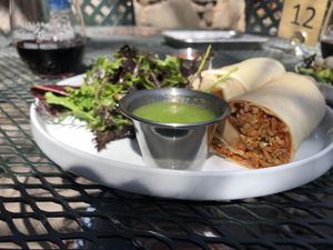 Vegan Wrap with a side of fermented hot sauce at Indian Gardens in Sedona