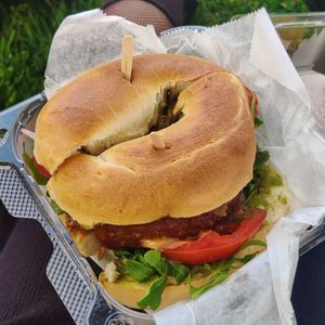 Beyond bagel burger at The Dirty Penguin Coffee Co in Chino Hills