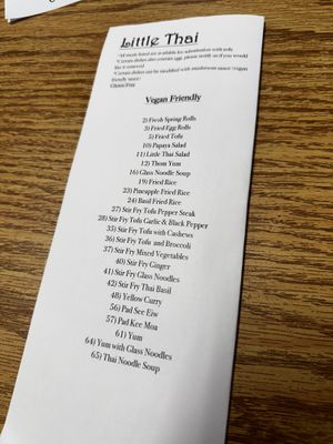 Vegan friendly menu   at Little Thai in Harker Heights