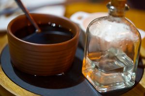 coffee and aguardente (Spanish strong alcohol)
you chose whether you want to put it in your coffee or not (it is free) at Rincon de Alba in A Coruna