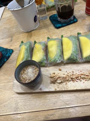 Vegan spring rolls and peanut butterr  at Bouang  in Luang Prabang