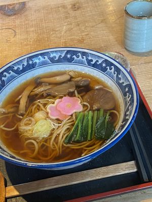Vegan mushroom soba and free tea  at Fukuzenji in Hida