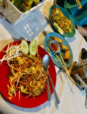 Vegan pad Thai and vegetable fried rice with spring rolls at P & T Hostel in Koh Samui