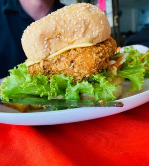 Tofu burger (can be made vegan) at P & T Hostel in Koh Samui