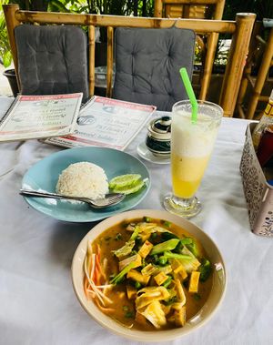 Curry and rice and fruit shake at P & T Hostel in Koh Samui