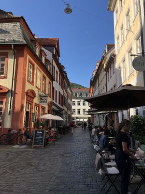 View down Kettengasse from Nana outdoor seating  at Nana in Heidelberg
