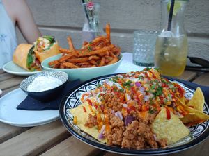 Nachos, good girl wrap and sweet potato fries with vegan aioli at Nana in Heidelberg