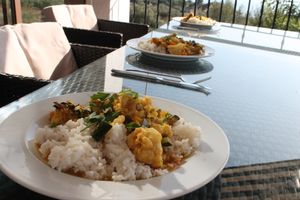 Delicious chickpea and vegetable curry. Uses vegetables that are in-season and/or available at the time of purchase. Delicious! at Casa Arts in Malaga