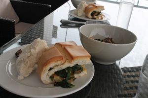 South African (vegan) "bunny chow", i.e. curry in a bun. Interesting location-specific meals available as 'special of the day.' at Casa Arts in Malaga