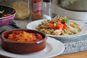 Vegan lasagne and pasta pesto at Casa Arts in Malaga