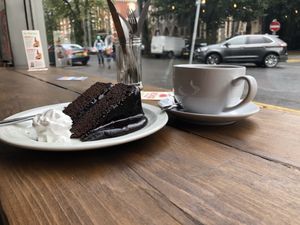 Warm chocolate cake  at Greens Vegan in Cardiff