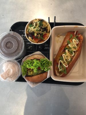 Meatball hot dog, guac burger, Mac and cheese and smoothies at By Chloe - Oxford Circus in London