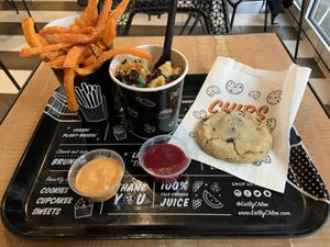 Yum, yum, YUM! Mac n’ cheese, sweet potato fries, chocolate chip cookie (and amazing sauces). at By Chloe - Oxford Circus in London