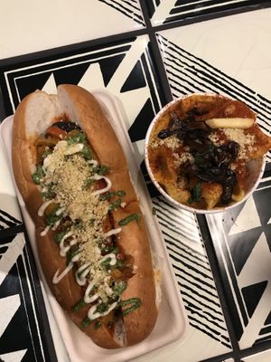 pesto meatball sub & small mac&cheese with accident fry spillage at By Chloe - Oxford Circus in London