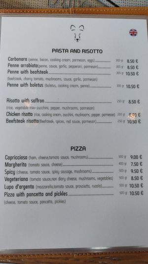 Menu at Lupo D'Argento in Zabljak